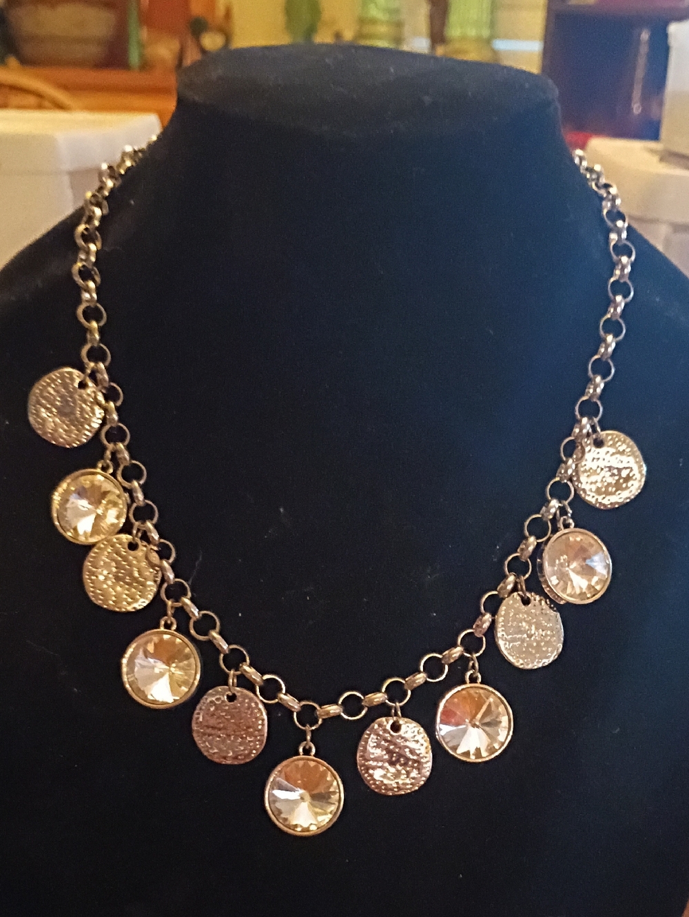 Silver-Tone Droplet Charm Necklace with Faceted Crystal Discs